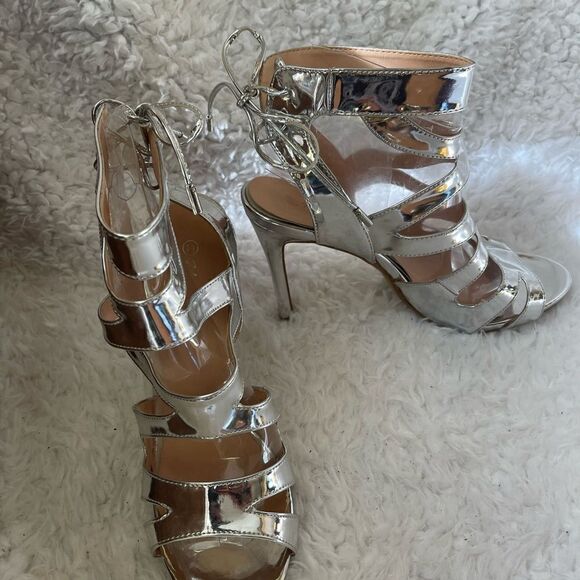 Herstyle Estrella patent metallic silver ankle straps sandals back lace size 11 - Picture 4 of 10